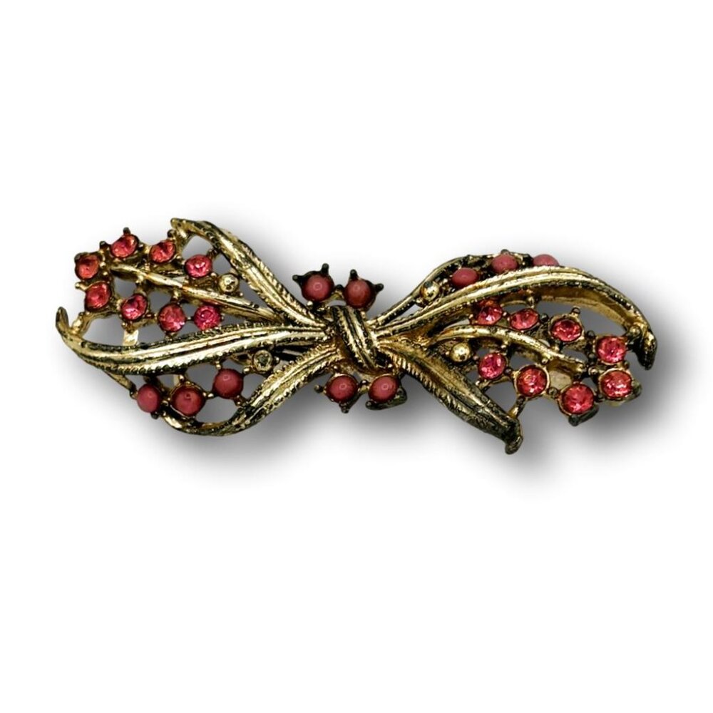 Mid Century Modern Vintage Pink Rhinestone & Cabochon Bow Brooch